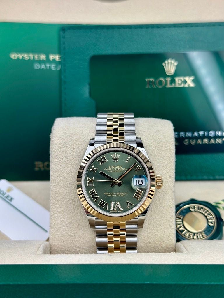 Rolex Steel and Yellow Gold Datejust 31 Watch - Fluted Bezel - Olive Green Diamond Roman Six Dial - Jubilee Bracelet - 278273 ogdr6j