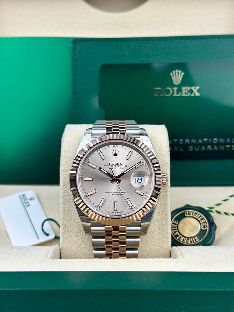 Rolex Steel and Everose Rolesor Datejust 41 Watch - Fluted Bezel - Sundust Index Dial - Jubilee Bracelet - 126331 suij