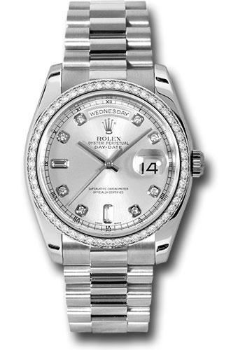 Rolex Platinum Day-Date 36 Watch - Bezel - Silver Diamond Dial - President Bracelet - 118346 sdp