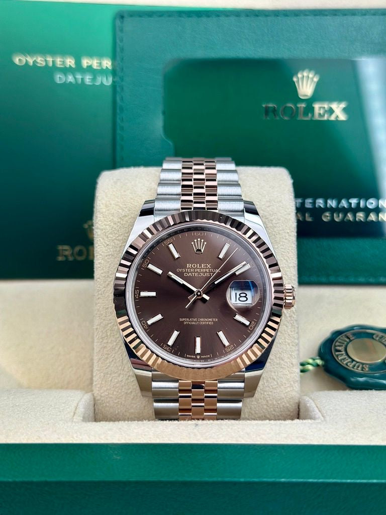 Rolex Steel and Everose Rolesor Datejust 41 Watch - Fluted Bezel - Chocolate Index Dial - Jubilee Bracelet - 126331 choij