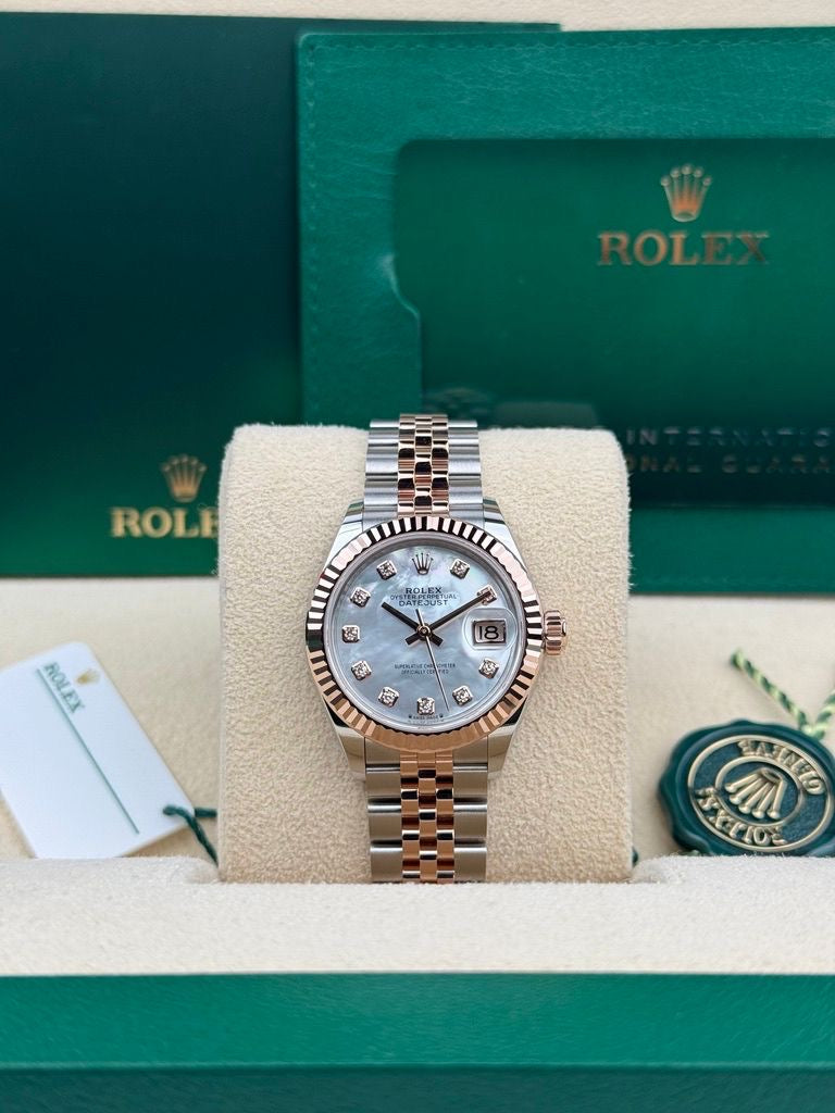 Rolex Steel and Everose Gold Rolesor Lady-Datejust 28 Watch - Fluted Bezel - White Mother-Of-Pearl Diamond Dial - Jubilee Bracelet - 279171 mdj