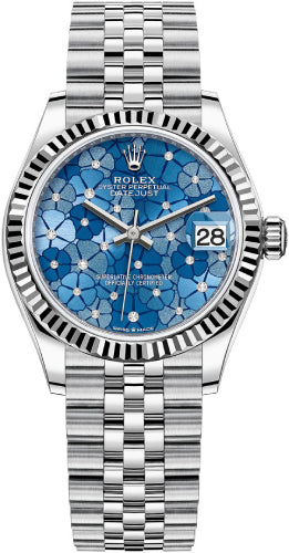 Rolex Datejust 31 White Gold/Steel Azzurro Blue Floral Motif Diamond Dial & Fluted Bezel Jubilee Bracelet Watch - 278274