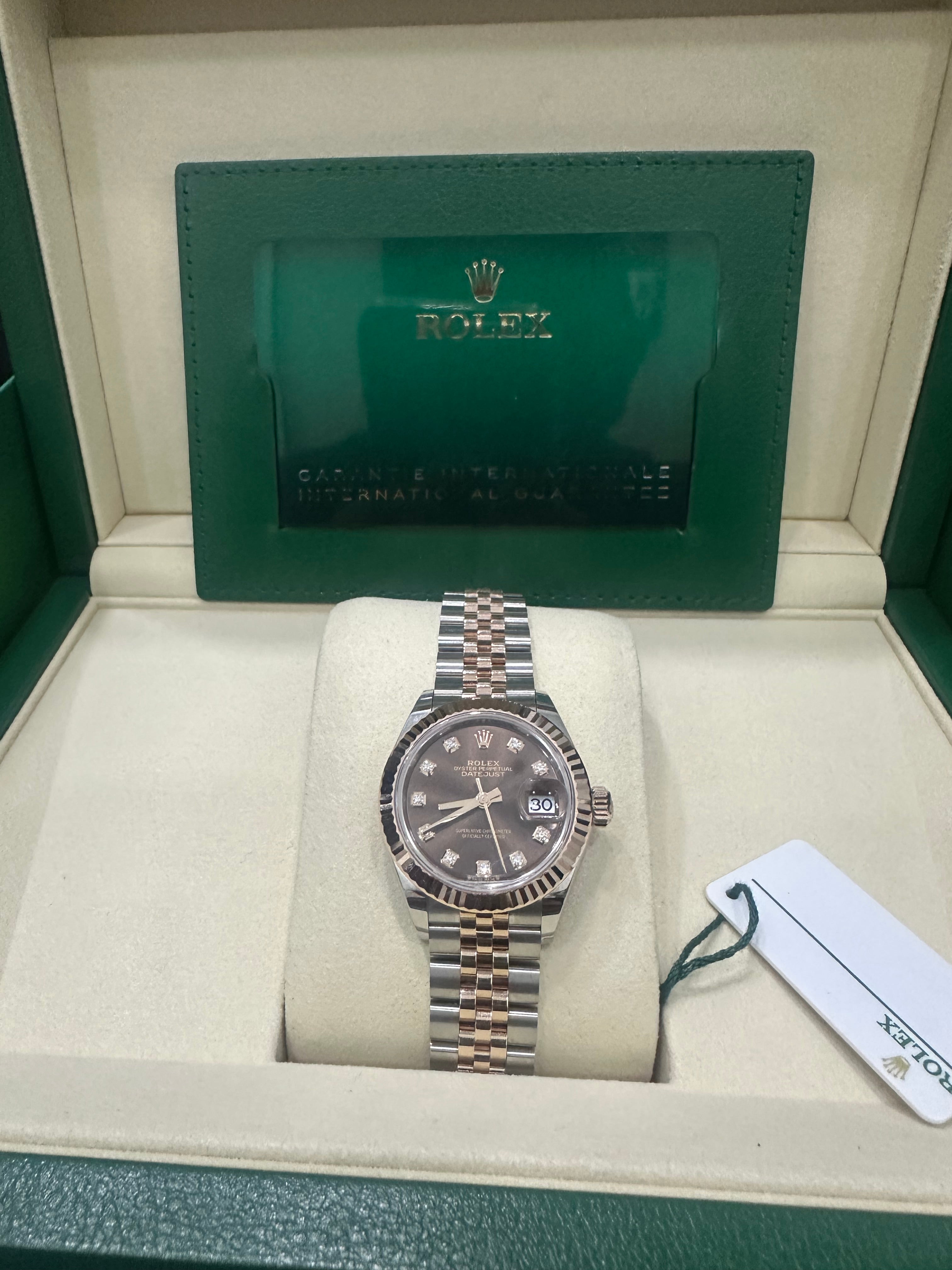 Rolex Steel and Everose Gold Rolesor Lady-Datejust 28 Watch - Fluted Bezel - Chocolate Diamond Dial - Jubilee Bracelet - 279171 chodj