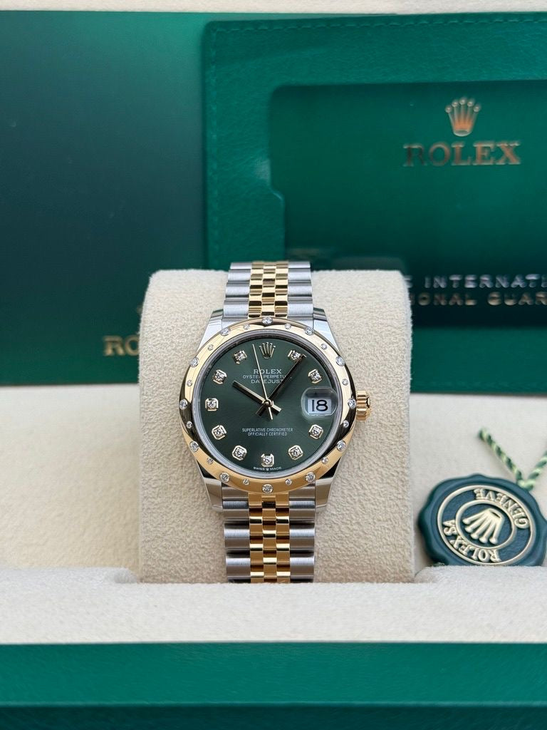 Rolex Steel and Yellow Gold Datejust 31 Watch - Domed Diamond Bezel - Olive Green Diamond Dial - Jubilee Bracelet - 278343 ogdj