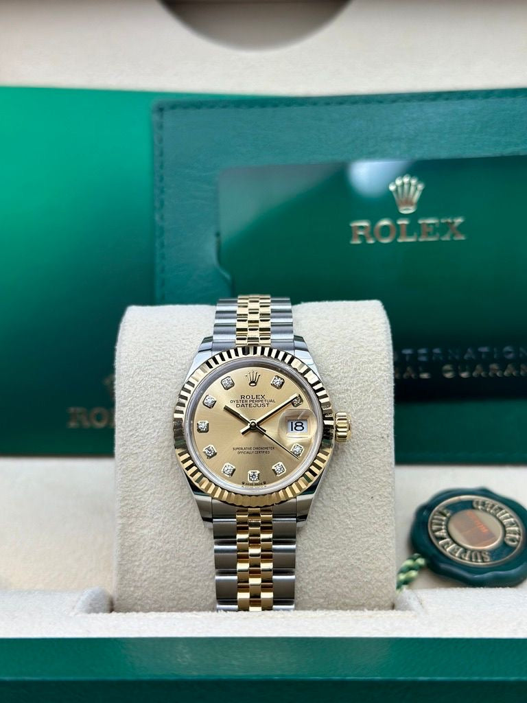 Rolex Steel and Yellow Gold Rolesor Lady-Datejust 28 Watch - Fluted Bezel - Champagne Diamond Dial - Jubilee Bracelet - 279173 chdj
