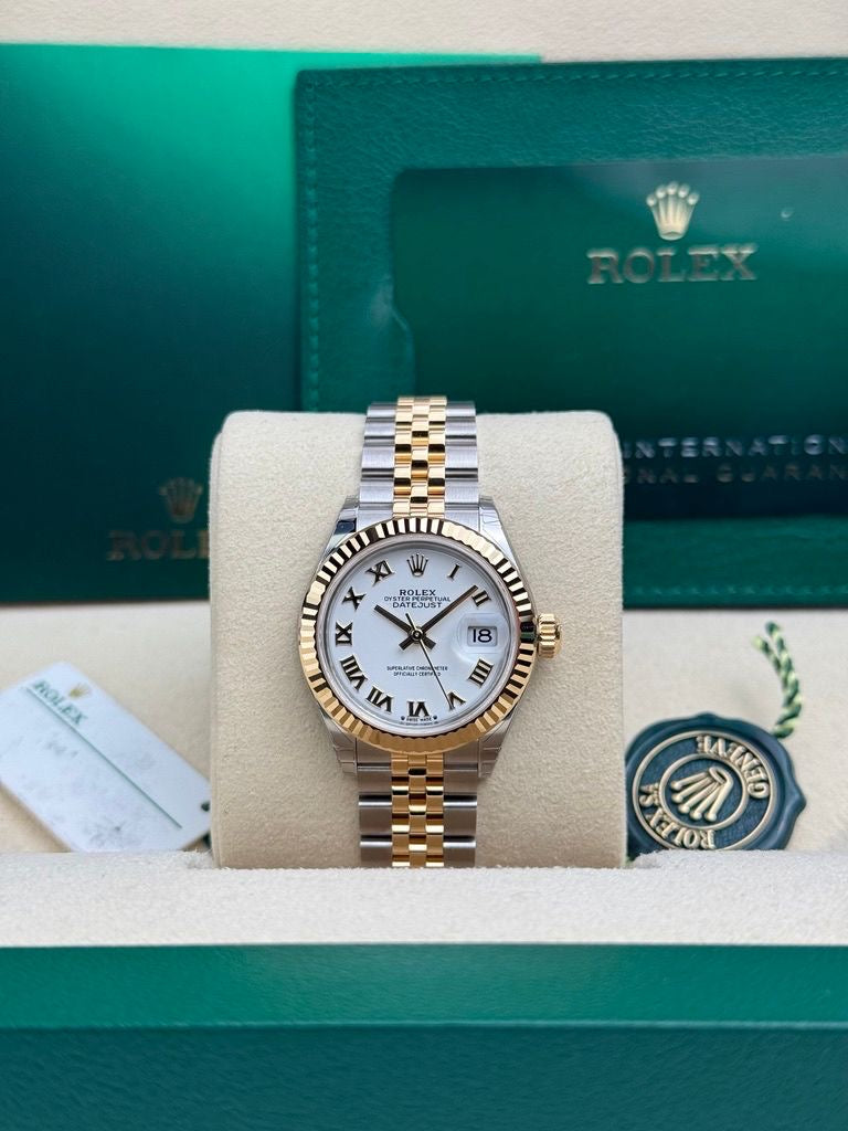 Rolex Steel and Yellow Gold Rolesor Lady-Datejust 28 Watch - Fluted Bezel - White Roman Dial - Jubilee Bracelet - 279173 wrj