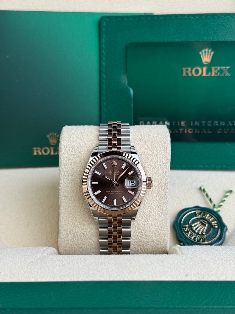 Rolex Steel and Everose Gold Rolesor Lady-Datejust 28 Watch - Fluted Bezel - Chocolate Index Dial - Jubilee Bracelet - 279171 choij