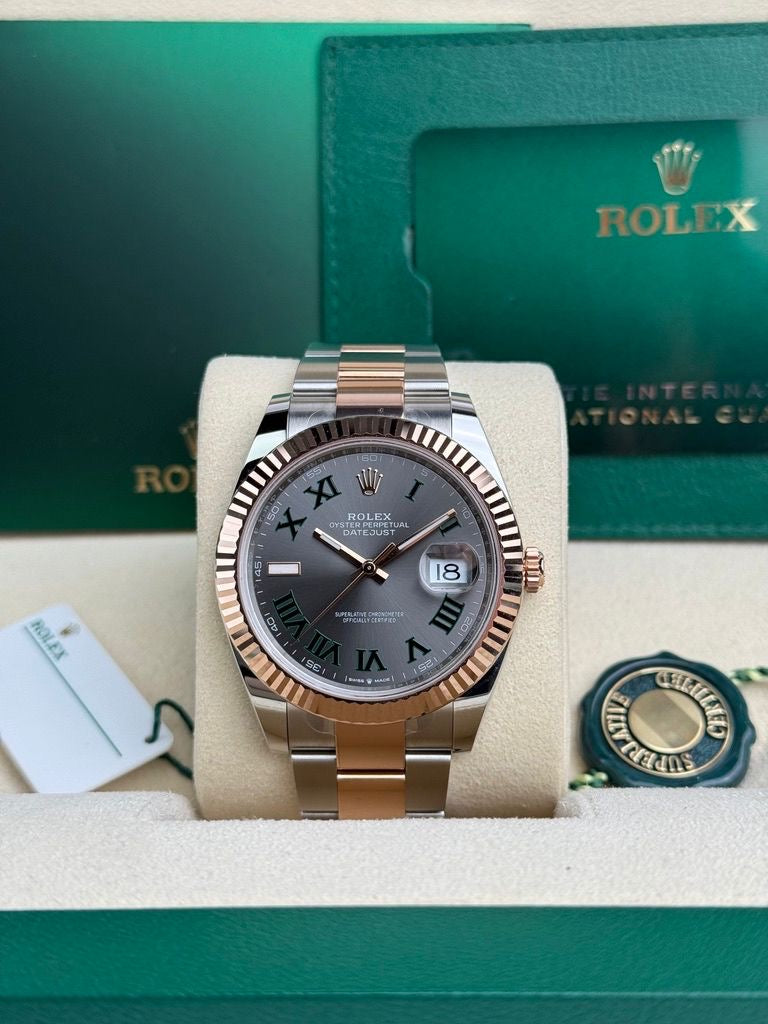 Rolex Steel and Everose Rolesor Datejust 41 Watch - Fluted Bezel - Slate Gray Green Roman Dial - Oyster Bracelet - 126331 Wimbledon