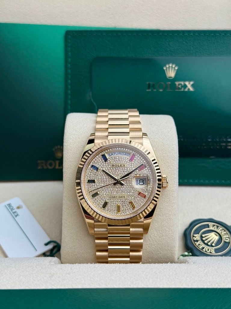 Rolex Yellow Gold Day-Date 36 Watch - Fluted Bezel - Diamond-Paved Rainbow Sapphire Dial - President Bracelet - 128238 dprsp