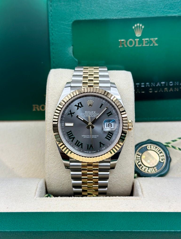 Rolex Steel and Yellow Gold Rolesor Datejust 41 Watch - Fluted Bezel - Slate Green Roman Dial - Jubilee Bracelet - 126333 Wimbledon