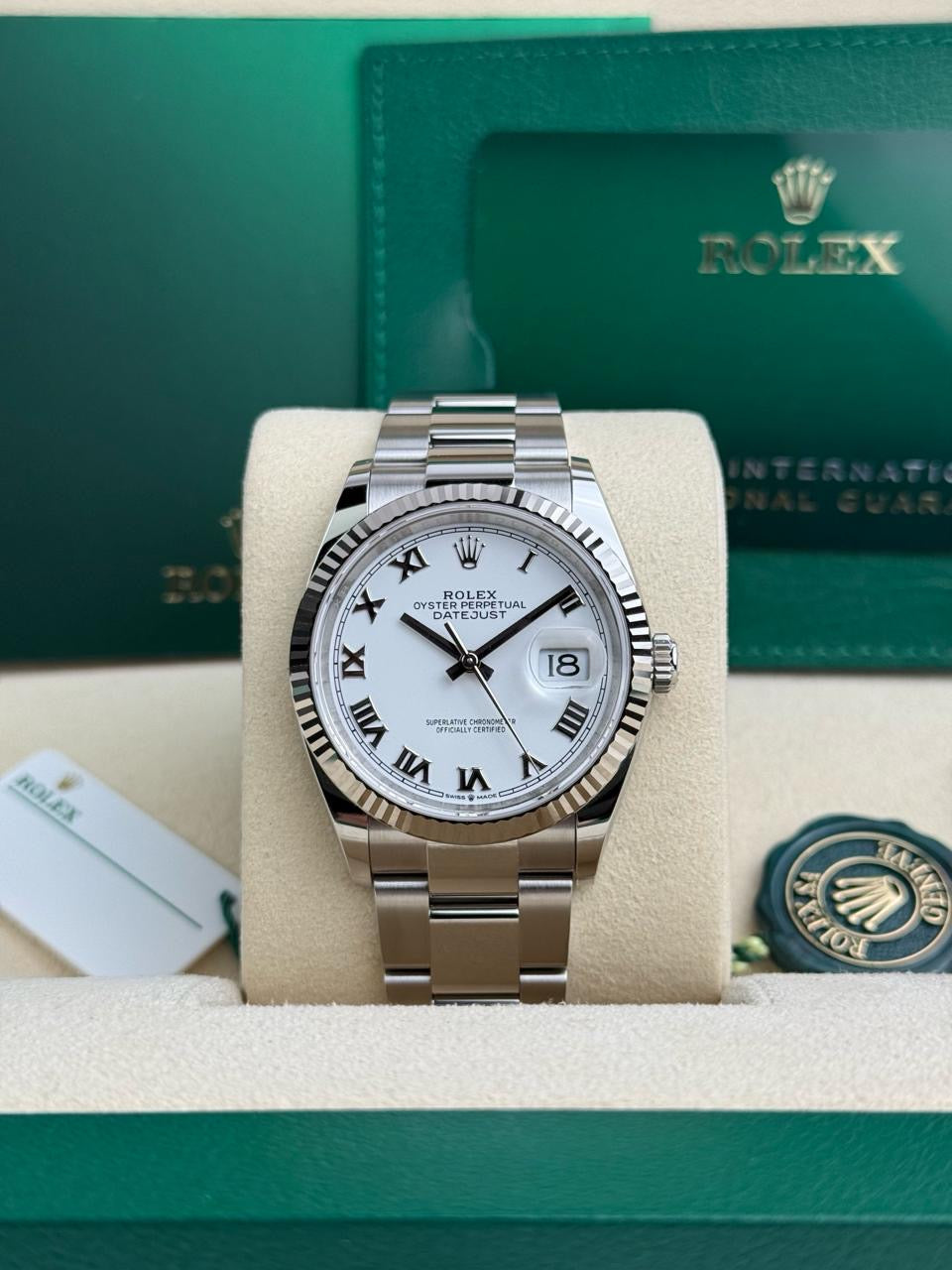 Rolex Steel Datejust 36 Watch - Fluted Bezel - White Roman Dial - Oyster Bracelet - 2019 Release - 126234 wro