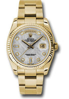 Rolex Yellow Gold Day-Date 36 Watch - Fluted Bezel - Meteorite Diamond Dial - Oyster Bracelet - 118238 mtdo