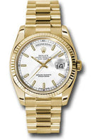 Rolex Yellow Gold Day-Date 36 Watch - Fluted Bezel - White Index Dial - President Bracelet - 118238 wsp