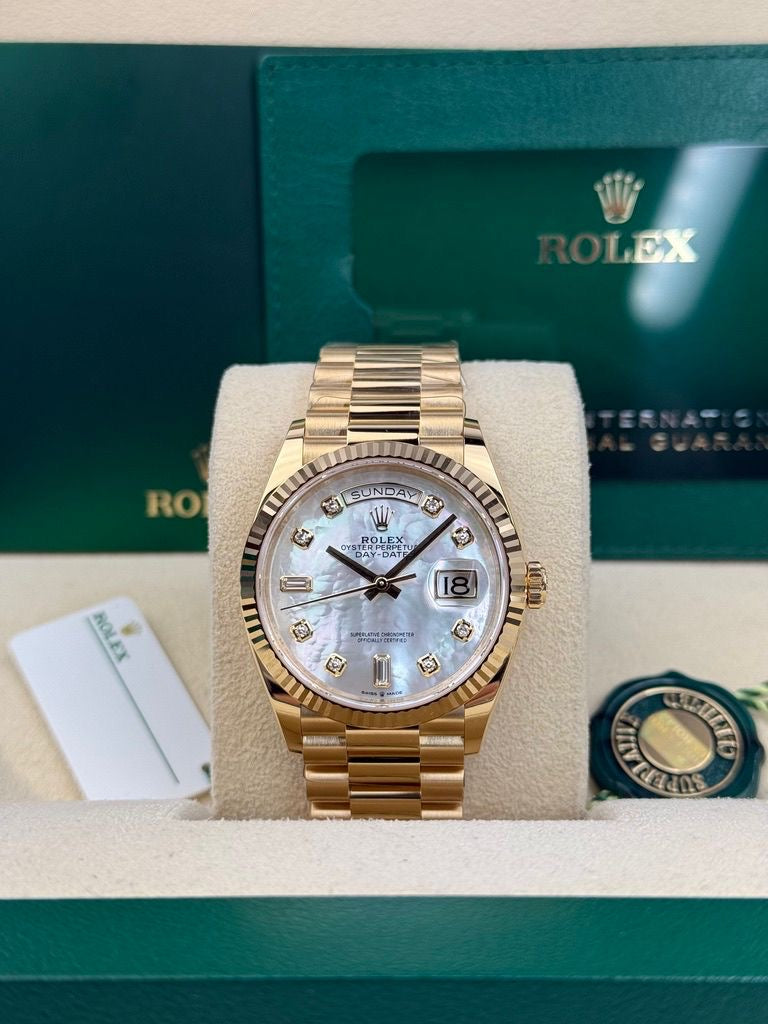 Rolex Day-Date 36 36mm White MOP Diamond-Set Dial Fluted Bezel President Bracelet - 128238