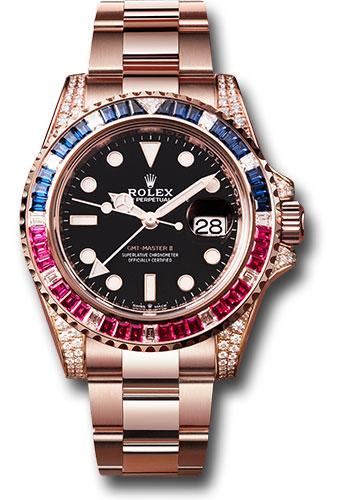 Rolex Everose GMT-Master II 40 Watch - Diamond Lugs - Diamond Sapphire Emerald Bezel - Black Dial - Oyster Bracelet SARU - 126755SARU bk