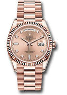 Rolex Everose Gold Day-Date 36 Watch - Fluted Bezel - Rose Diamond Dial - President Bracelet - 128235 rodp