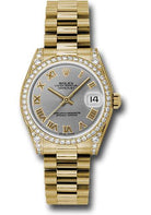 Rolex Yellow Gold Datejust 31 Watch - 48 Diamond Bezel - Gray Roman Dial - President Bracelet - 178158 grp