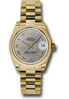 Rolex Yellow Gold Datejust 31 Watch - Domed Bezel - Gray Roman Dial - President Bracelet - 178248 grp