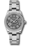Rolex Steel and White Gold Datejust 31 Watch - 46 Diamond Bezel - Dark Rhodium Floral Motif Arabic 6 Dial - Oyster Bracelet - 178384 rfo