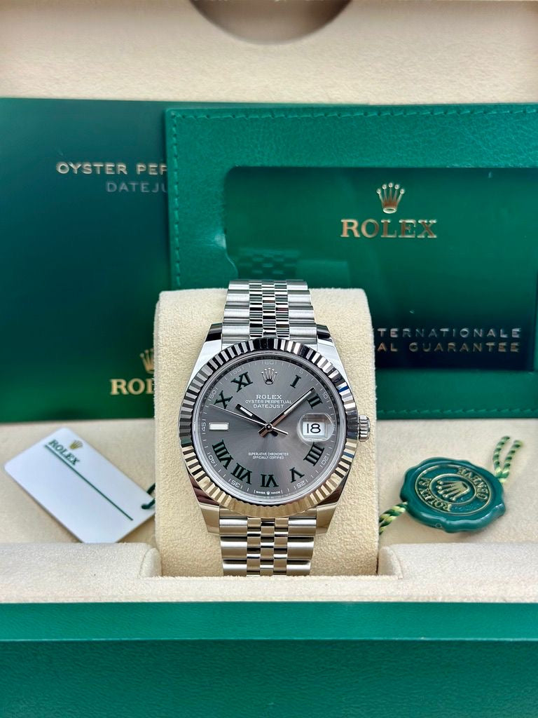 Rolex Steel and White Gold Rolesor Datejust 41 Watch - Fluted Bezel - Slate Green Roman Dial - Jubilee Bracelet - 126334 Wimbledon