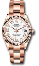 Rolex Everose Gold Datejust 31 Watch - Fluted Bezel - White Roman Dial - Oyster Bracelet - 278275 wro