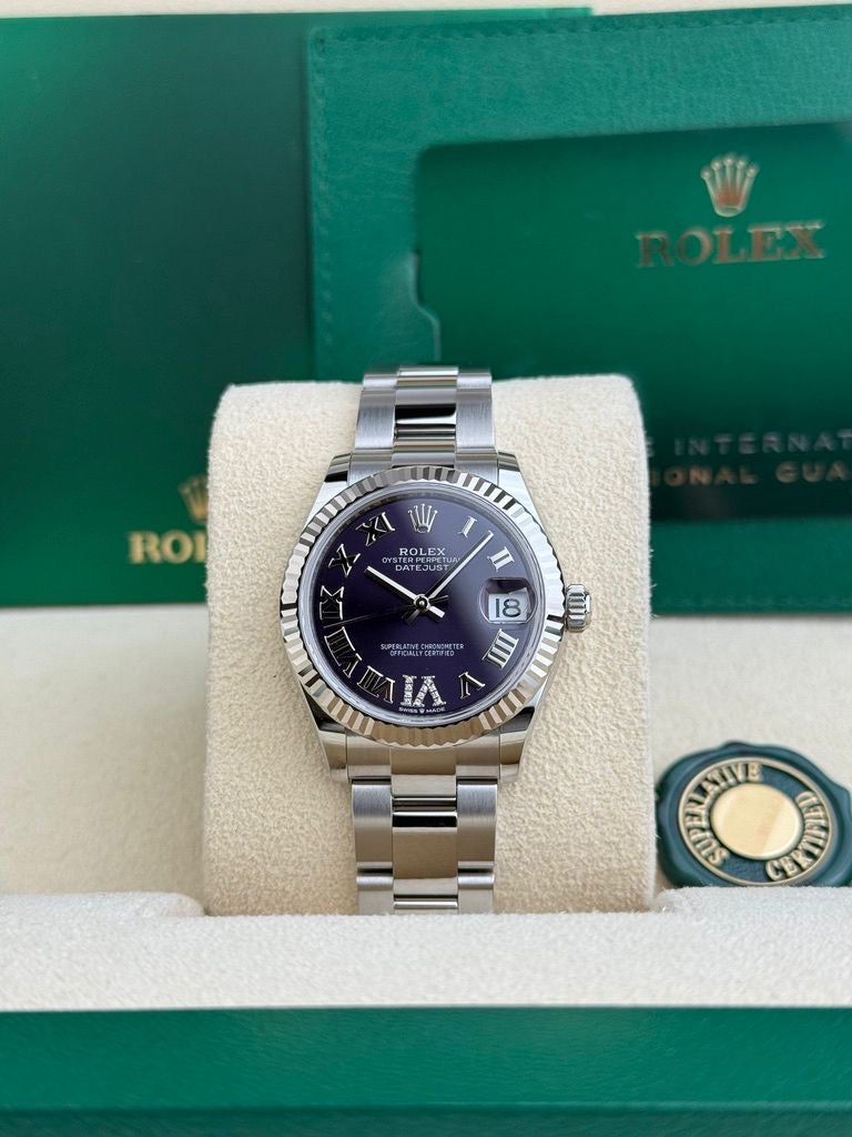 Rolex Steel and White Gold Datejust 31 Watch - Fluted Bezel - Aubergine Roman Diamond 6 Dial - Oyster Bracelet - 278274 Purple Dial