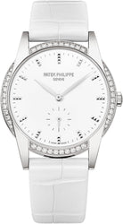 Patek Philippe Ladies Calatrava 33mm White Hobnail Index Diamond Bezel White Gold Leather - 7122-200G-001