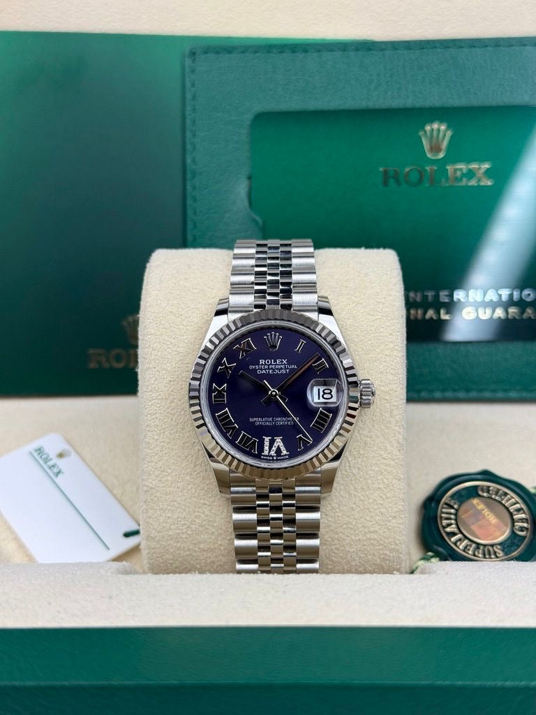 Rolex Steel and White Gold Datejust 31 Watch - Fluted Bezel - Aubergine Roman Diamond 6 Dial - Jubilee Bracelet - 278274 Purple Dial