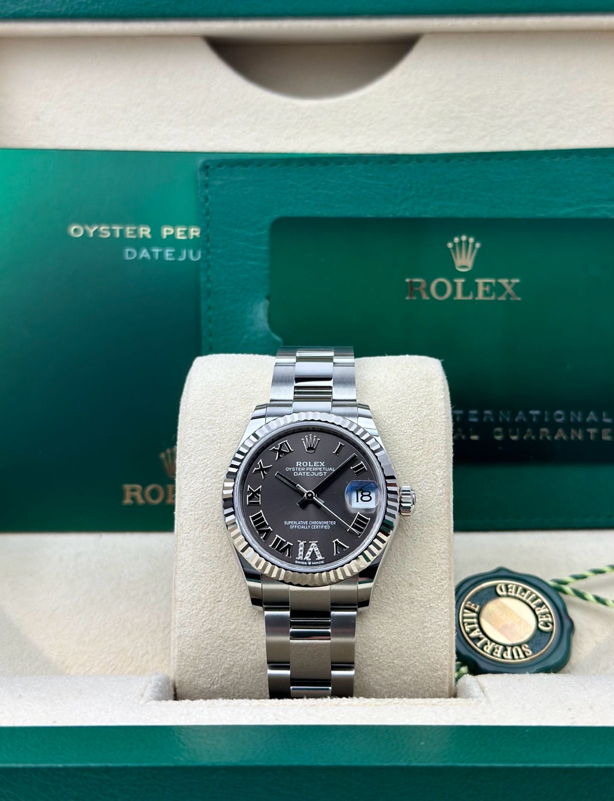 Rolex Steel and White Gold Datejust 31 Watch - Fluted Bezel - Dark Grey Roman Diamond 6 Dial - Oyster Bracelet - 278274 dkgdr6o