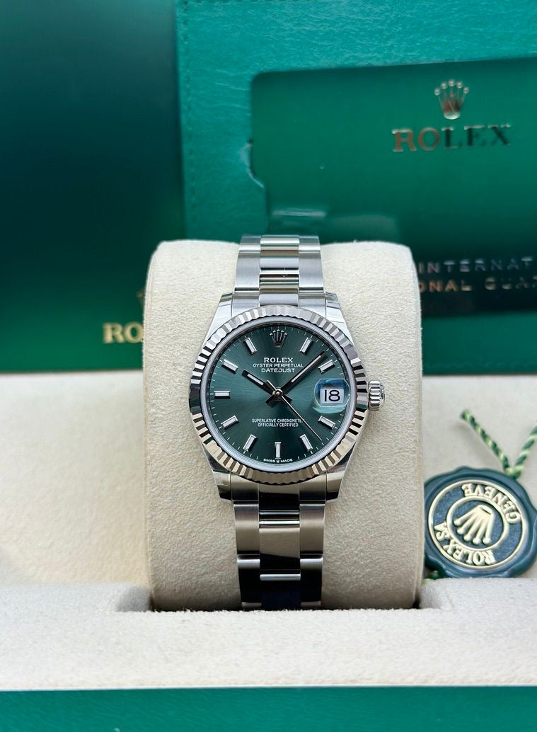 Rolex Steel and White Gold Datejust 31 Watch - Fluted Bezel - Mint Green Index Dial - Oyster Bracelet - 278274 mgio