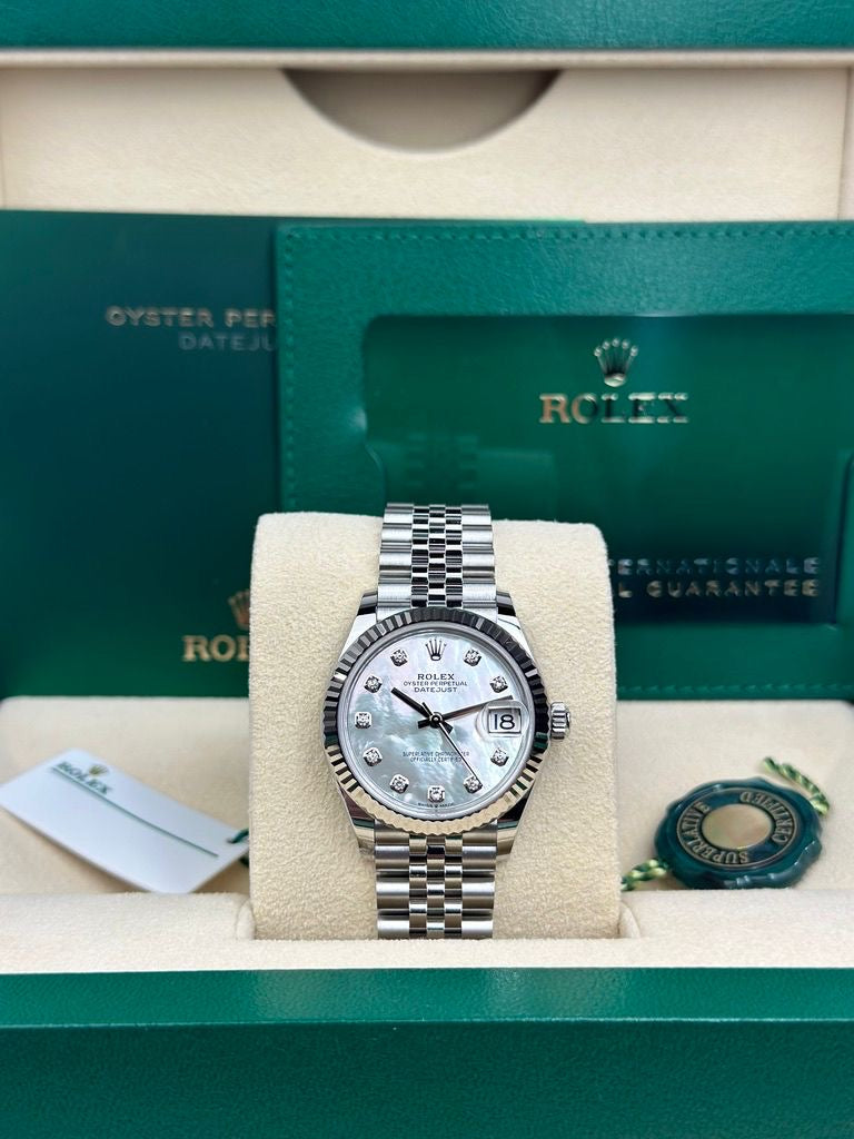 Rolex Steel and White Gold Datejust 31 Watch - Fluted Bezel - White Mother-Of-Pearl Diamond Dial - Jubilee Bracelet - 278274 mdj