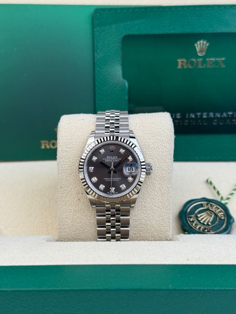 Rolex Steel and White Gold Rolesor Lady-Datejust 28 Watch - Fluted Bezel - Dark Grey Diamond Dial - Jubilee Bracelet - 279174 dgdj