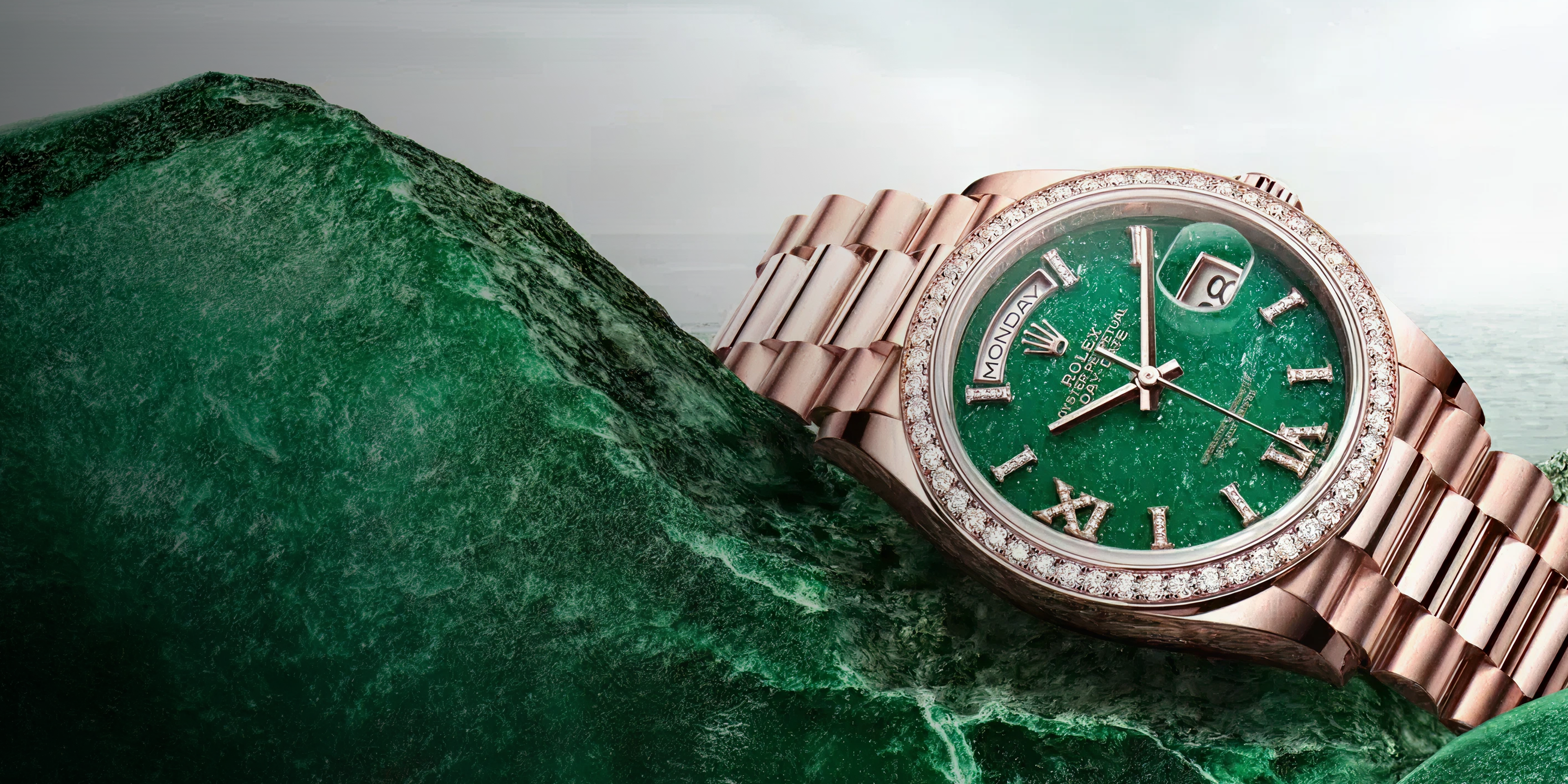 Rolex Day-Date 40 in Everose gold with a green jade dial and diamond-set bezel and hour markers