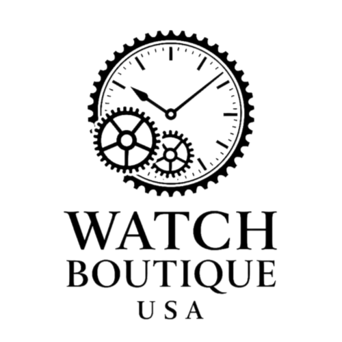 Logo of Watch Boutique USA with a clock and gears design