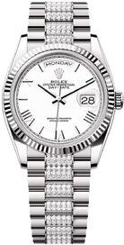 Rolex Day-Date 36 36mm White Roman Dial Fluted Bezel with Diamond-Set President Bracelet - 128239 | 2024 Model